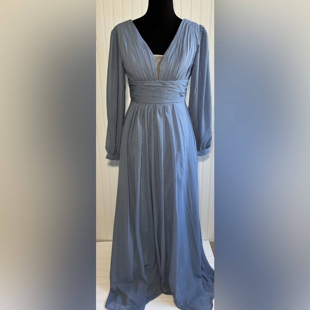 Warm Notice Blue Maxi Dress Bridesmaid Corset Back Formal Gown Sheer Sleeves 9